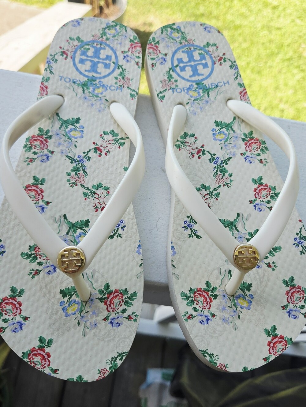 Tory Burch White Floral Flip Flops